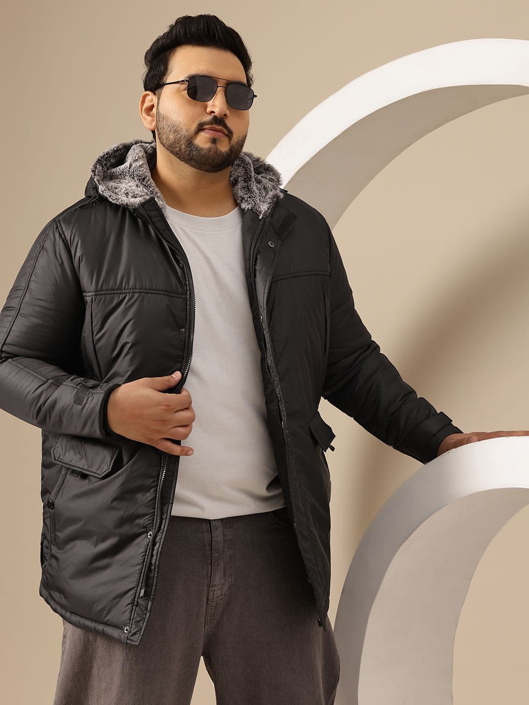 Sztori Hooded Faux Fur Detail Padded Jacket with Zip Closure at Hem - view 1