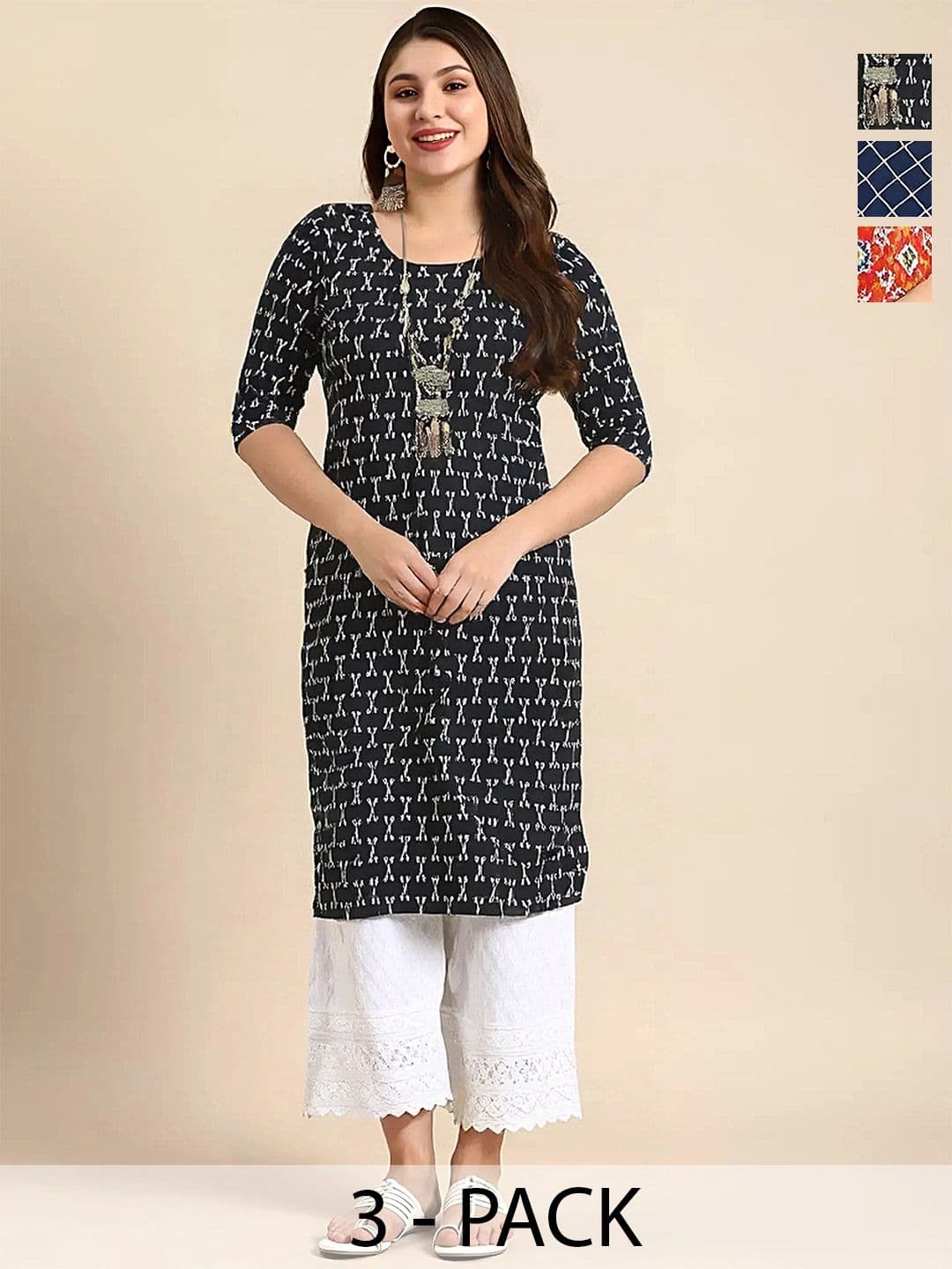 arangya Pack Of 3 Women Geometric Printed Indie Prints Crepe Kurta - view 1