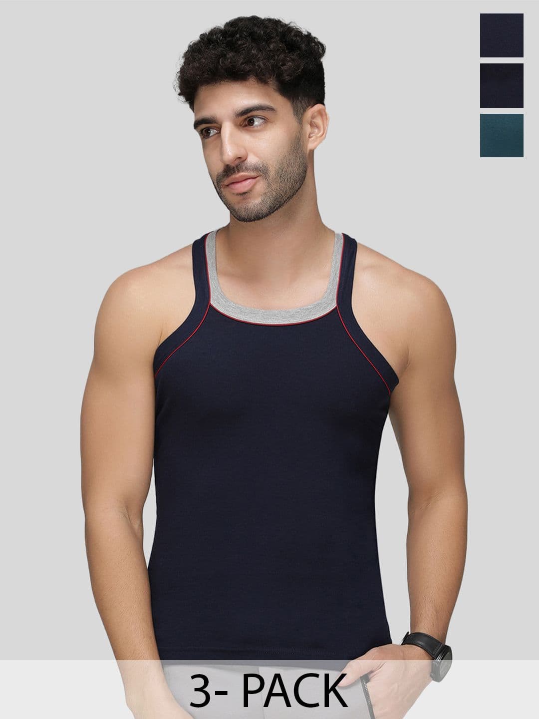 AMUL COMFY Pack Of 3 Pure Cotton Gym Vests AC-VE-GVESTDF-RD-NY-BLK-XS-3PC - view 1