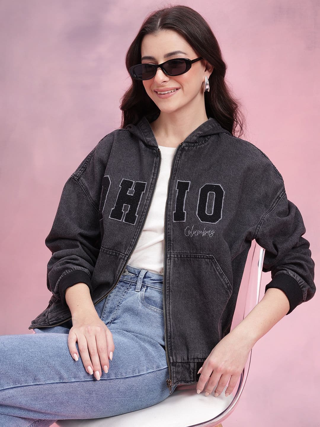 DressBerry Hooded Typography Applique Detail Bomber Jacket - view 1