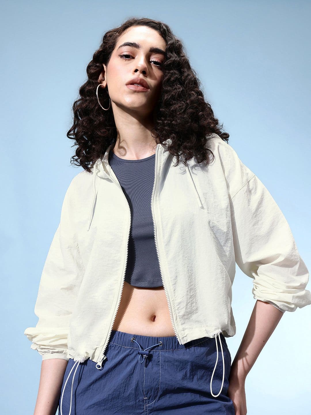 glitchez Drop-Shoulder Sleeves Hooded Crop Windcheater Bomber Jacket with Toggle Hem - view 1