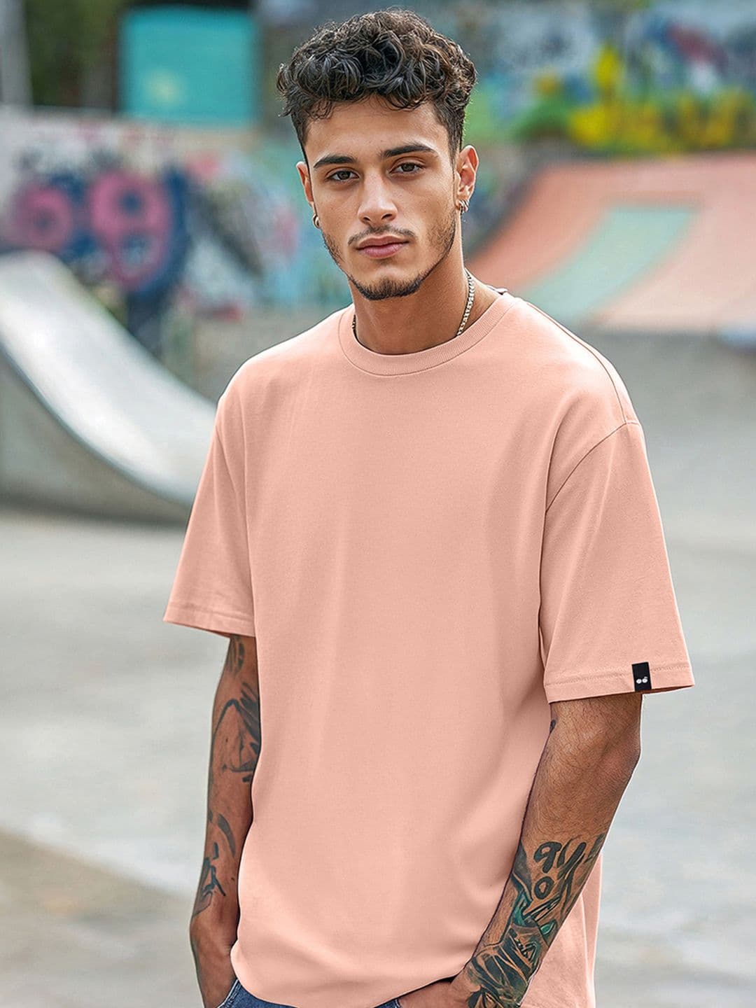 Bewakoof Men Coral Solid Round Neck Oversized Cotton T-shirt - view 1