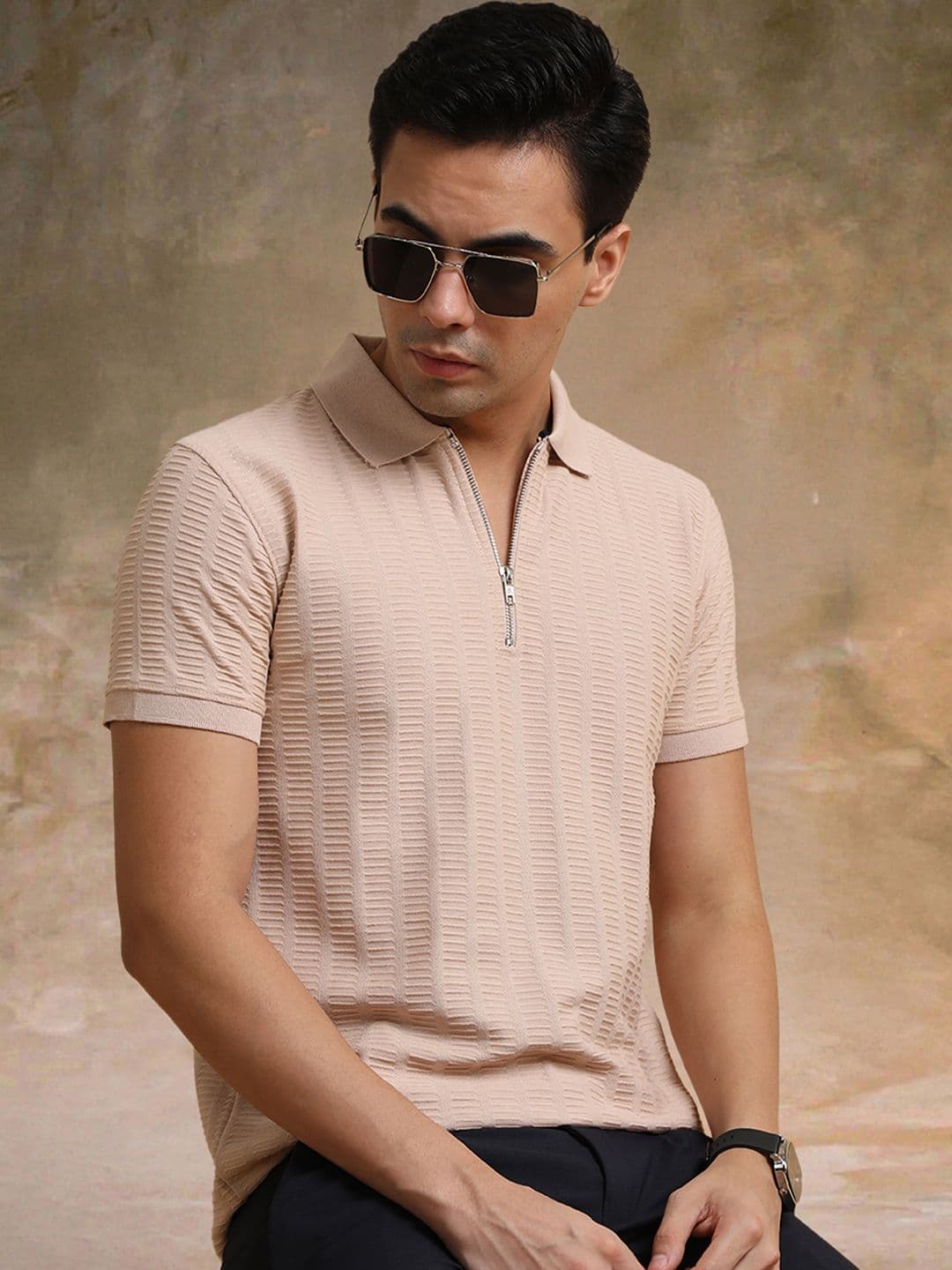 Maniac Men Self Design Polo Collar Cotton T-shirt - view 1