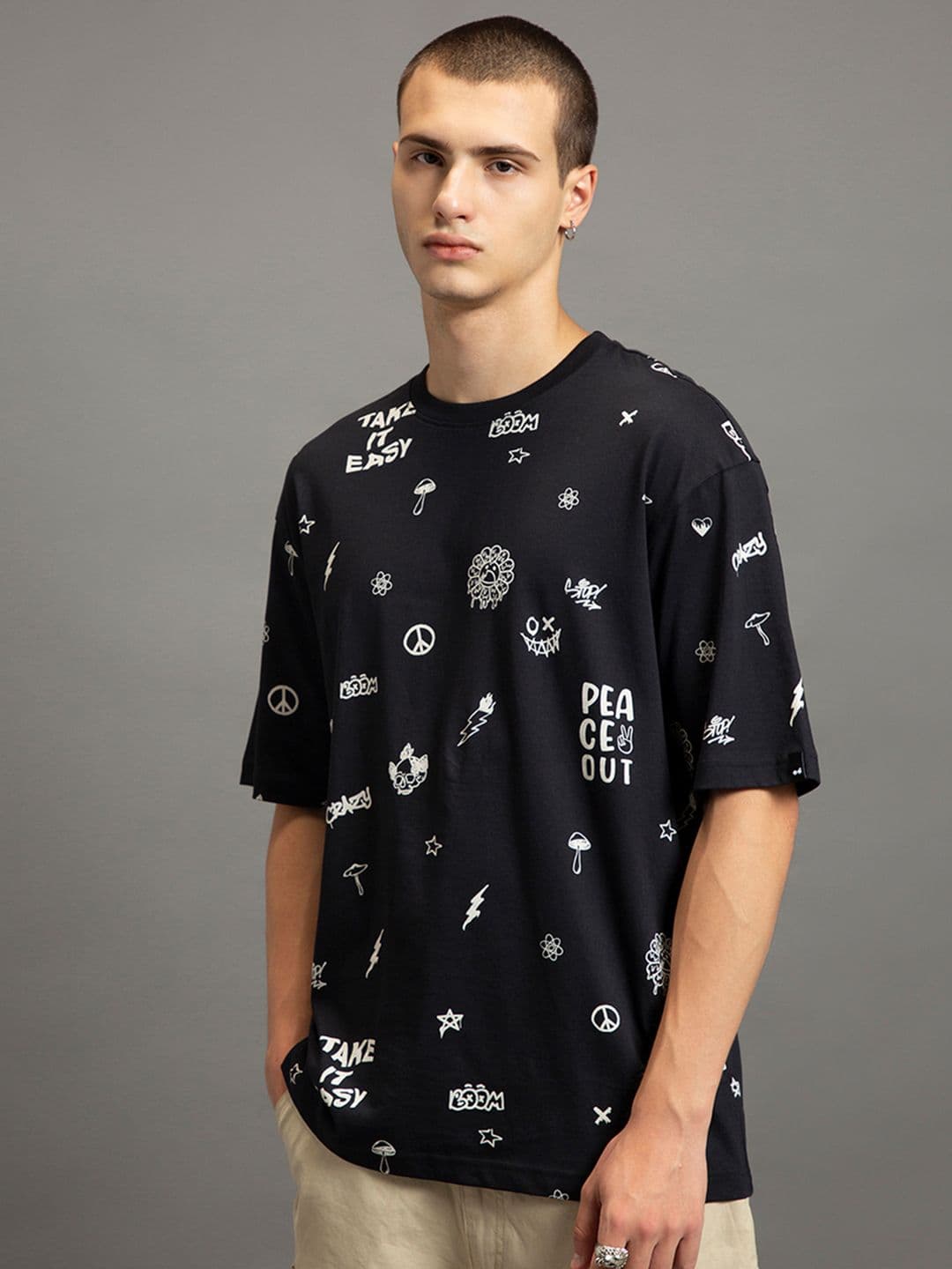 Bewakoof Conversational Printed Drop-Shoulder Sleeves Pure Cotton Oversized T-shirt - view 1