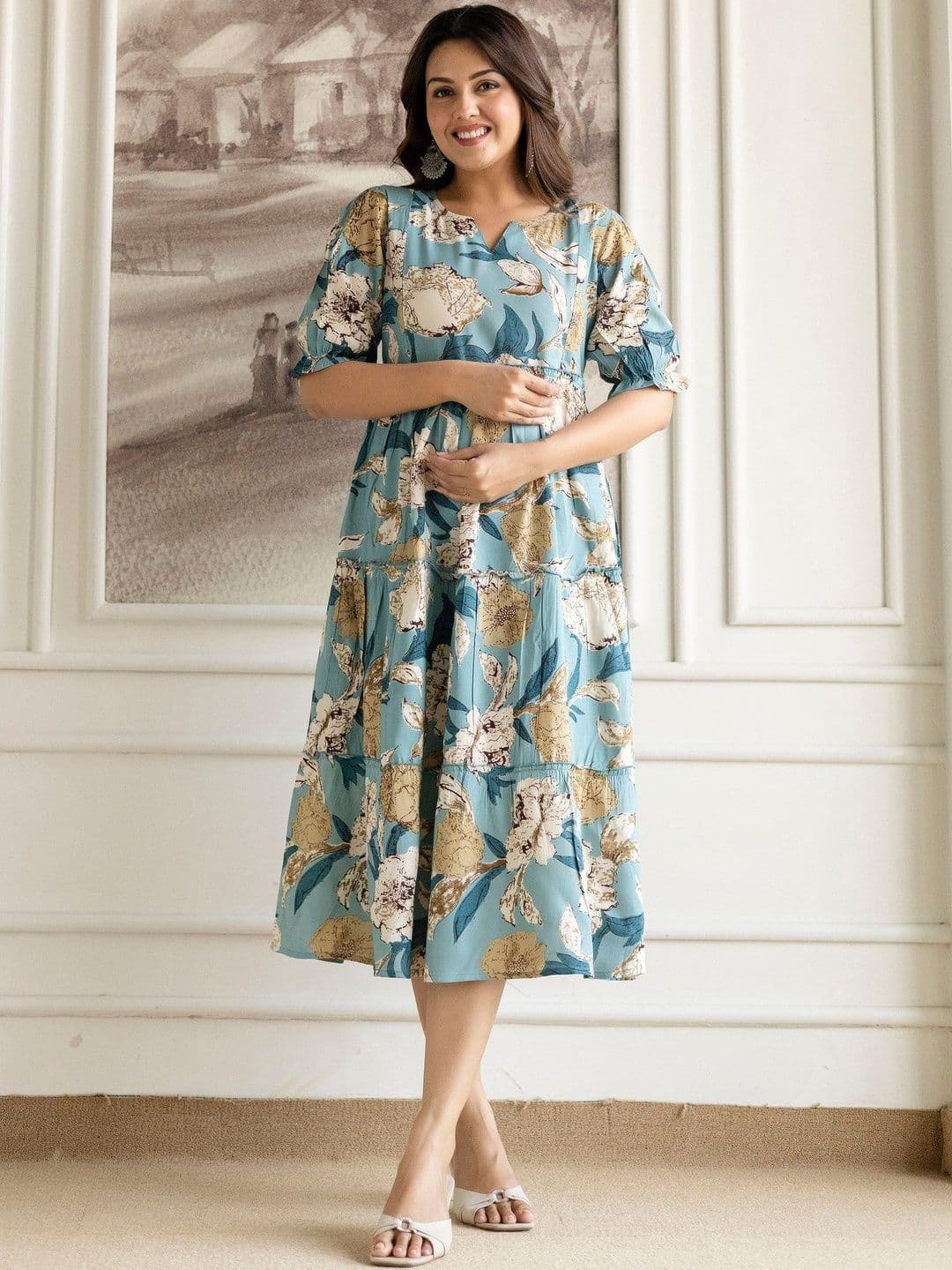 THE PERFECT FIT CO. Floral Print Fit & Flare Midi Maternity & Nursing Cotton Dress - view 1