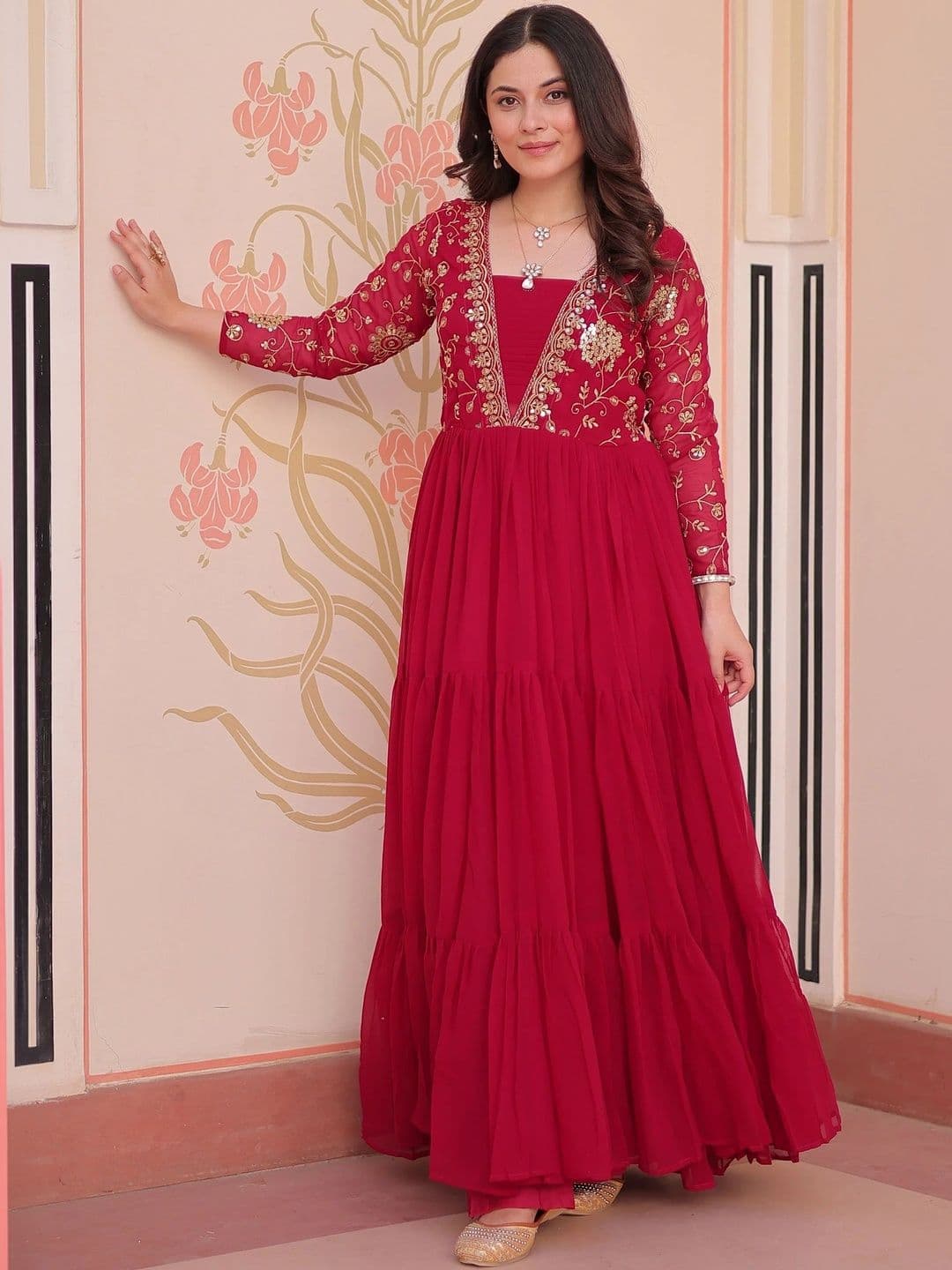 LAZZLY Ethnic Motifs Embroidered Sequinned Georgette Fit & Flare Maxi Ethnic Dress - view 1