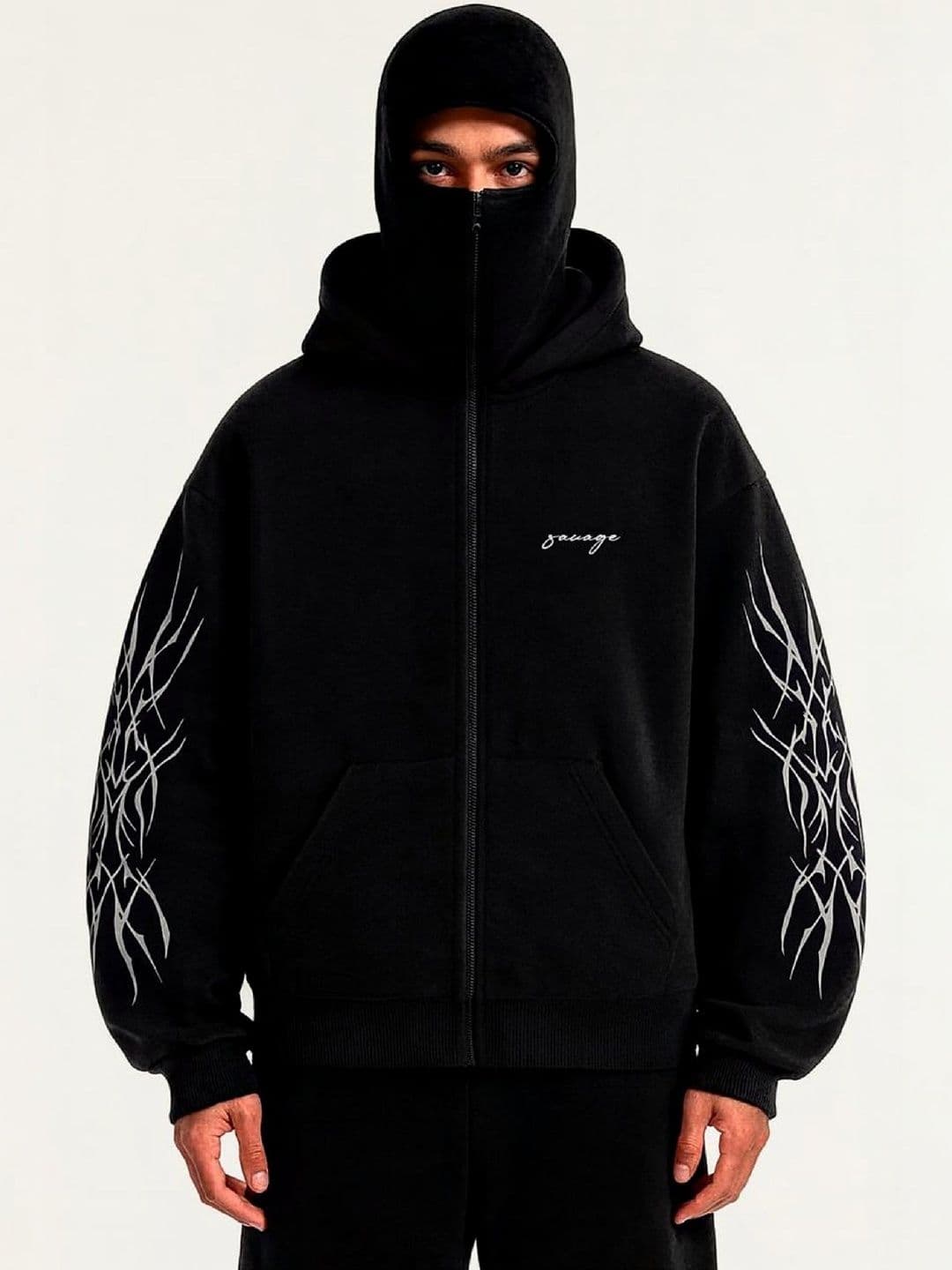 Be Savage Men Balaclava Zipper Face Hooded Ninja Print Sweatshirt - view 1