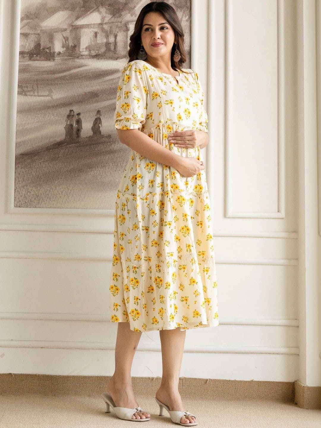 THE PERFECT FIT CO. Floral Print Fit & Flare Midi Maternity & Nursing Cotton Dress - view 1
