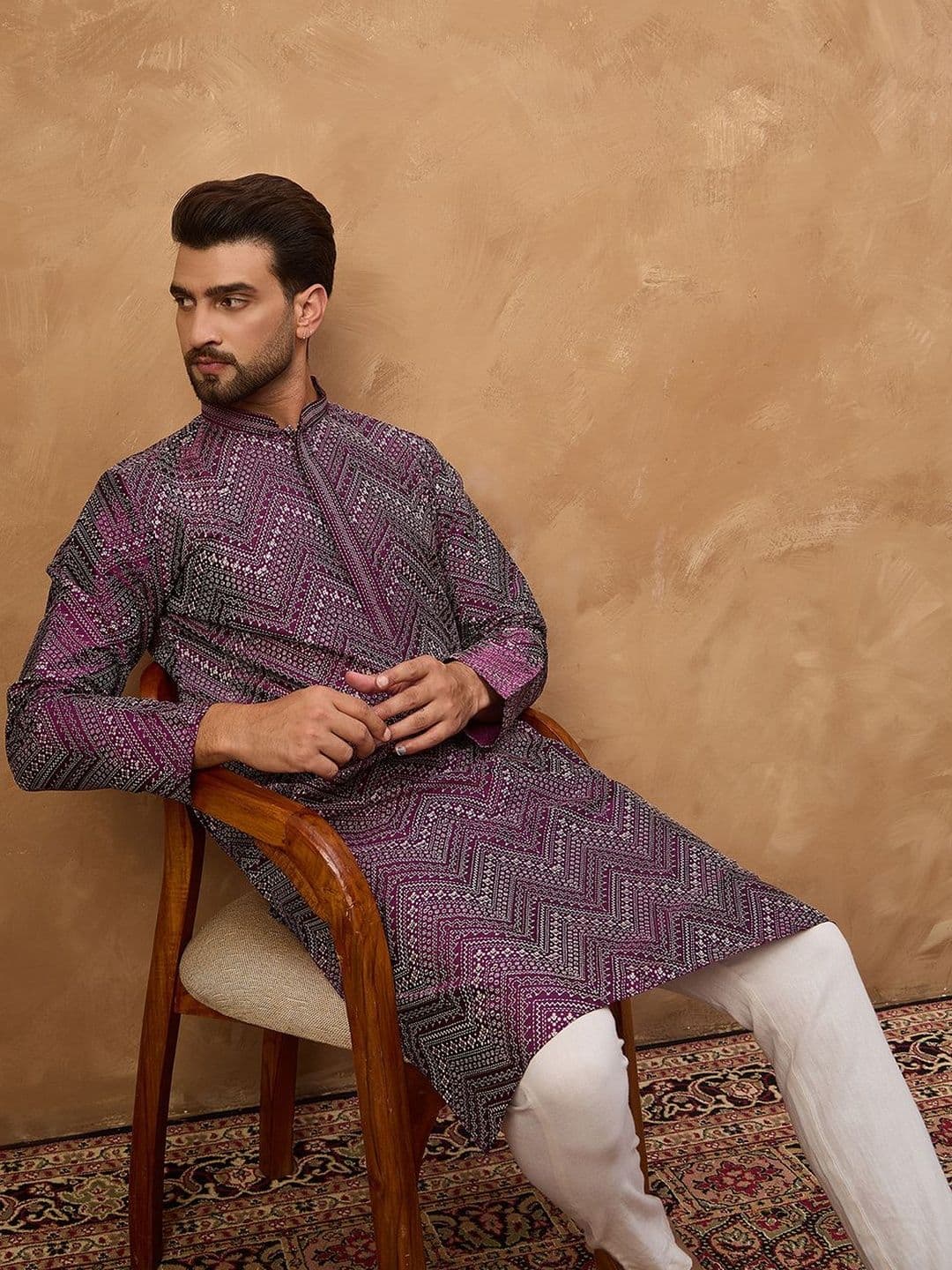 House of Pataudi Printed Silk Mandarin Collar Straight Kurtas - view 1