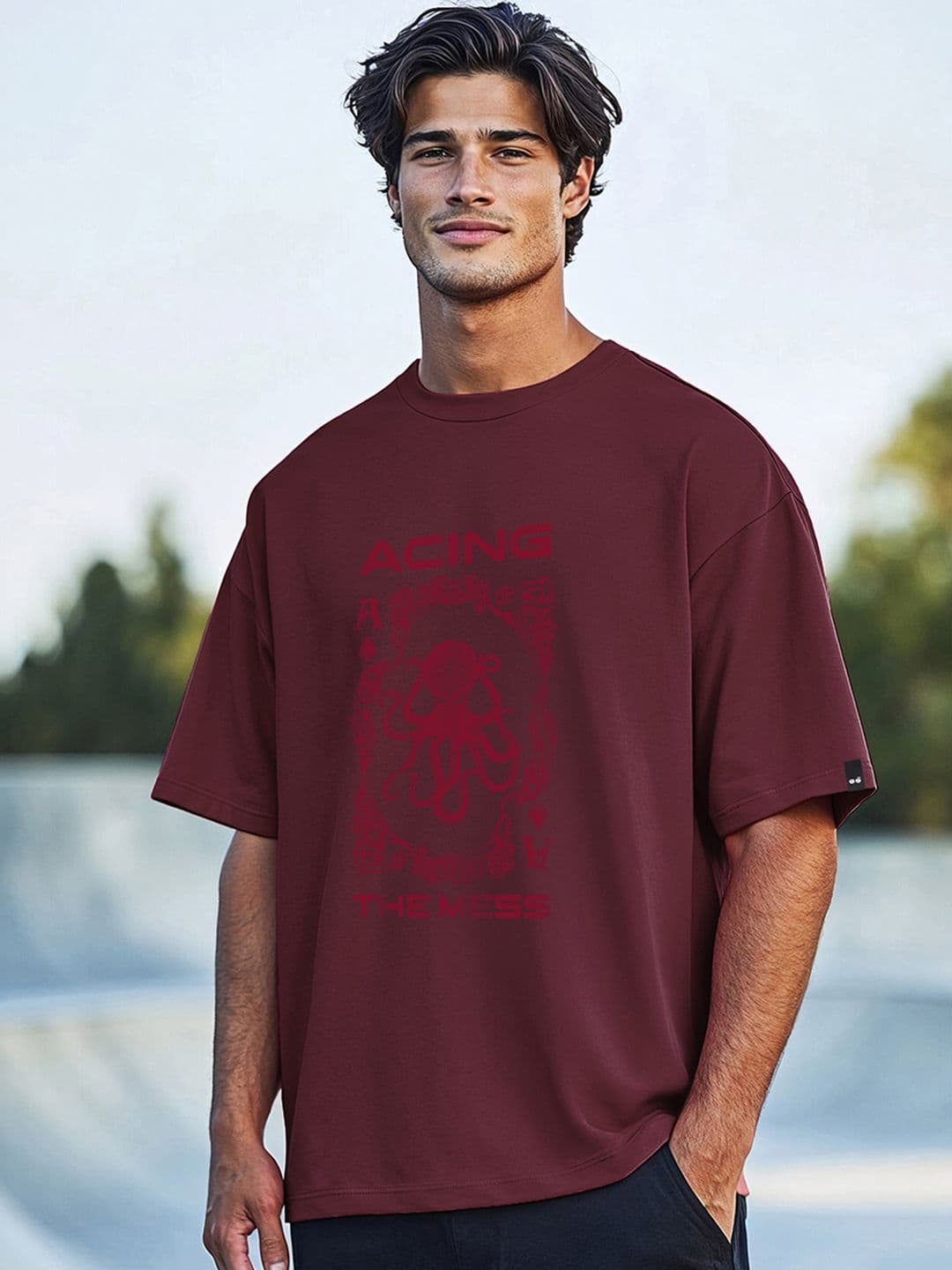 Bewakoof Men's Maroon Aceing The Mess Graphic Printed Oversized T-shirt - view 1