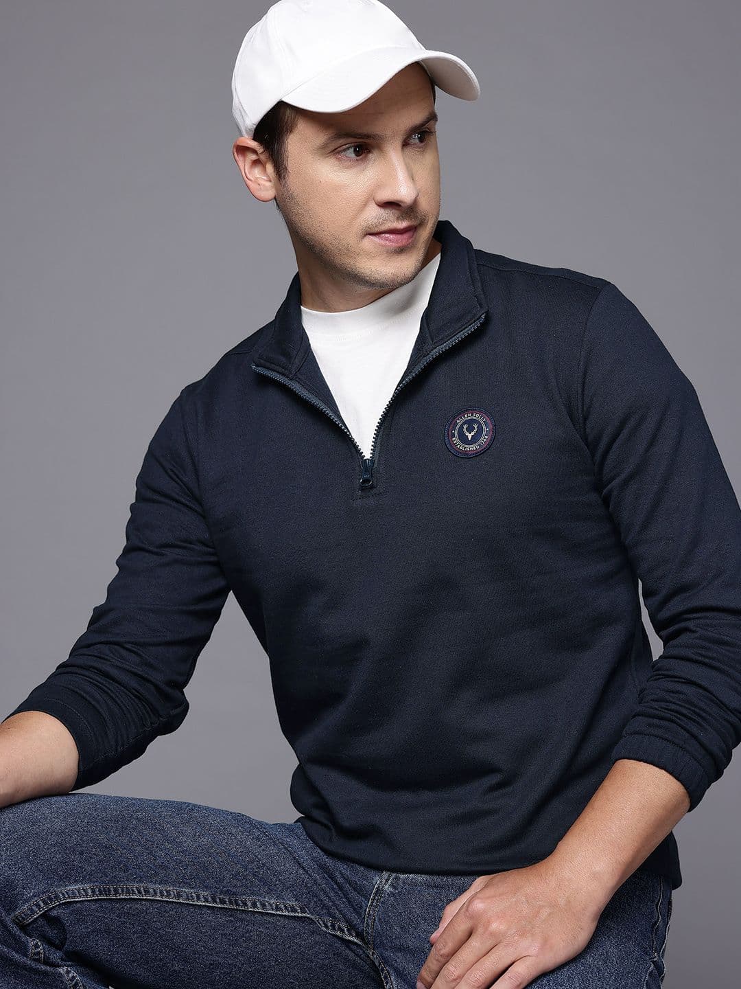 Allen Solly Brand Logo Applique Mock Collar Fleece Pullover with Half-Zipper - view 1