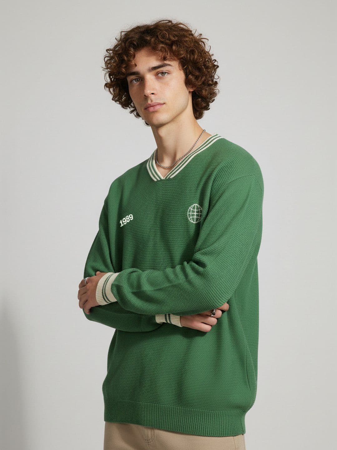 glitchez Contrast Neck Embroidered Oversized Pullover - view 1