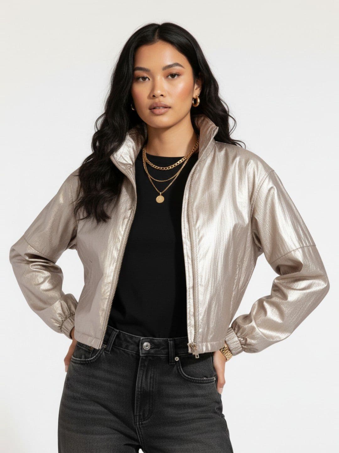 glitchez Mock Collar Oversized Crop Bomber Jacket - view 1
