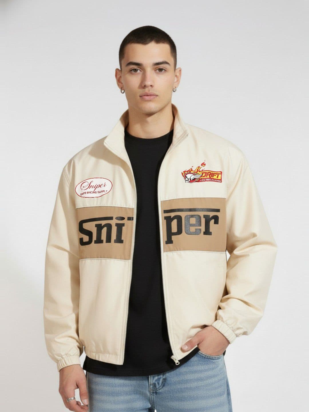 glitchez Typography Printed Mock Collar Pure Cotton Racer Revival Windcheater Bomber - view 1