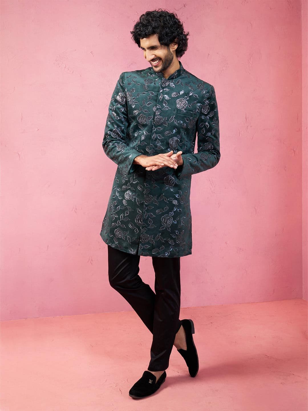 VASTRAMAY Men Cotton Embroidered Sequined Sherwani Set - view 1