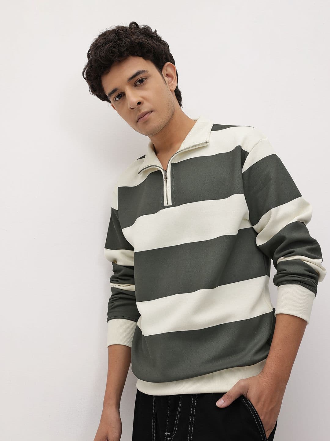 The Roadster Lifestyle Co. Striped Mock Collar Pullover with Half Zipper - view 1