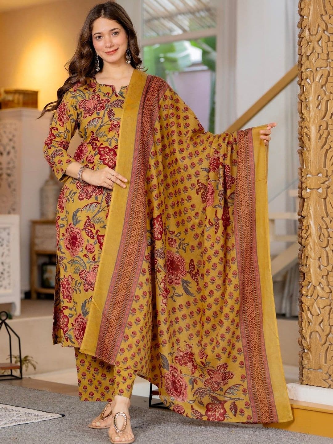 JAIPUR SARAI Women Floral Printed Regular Pure Cotton Kurta with Trousers & With Dupatta - view 1