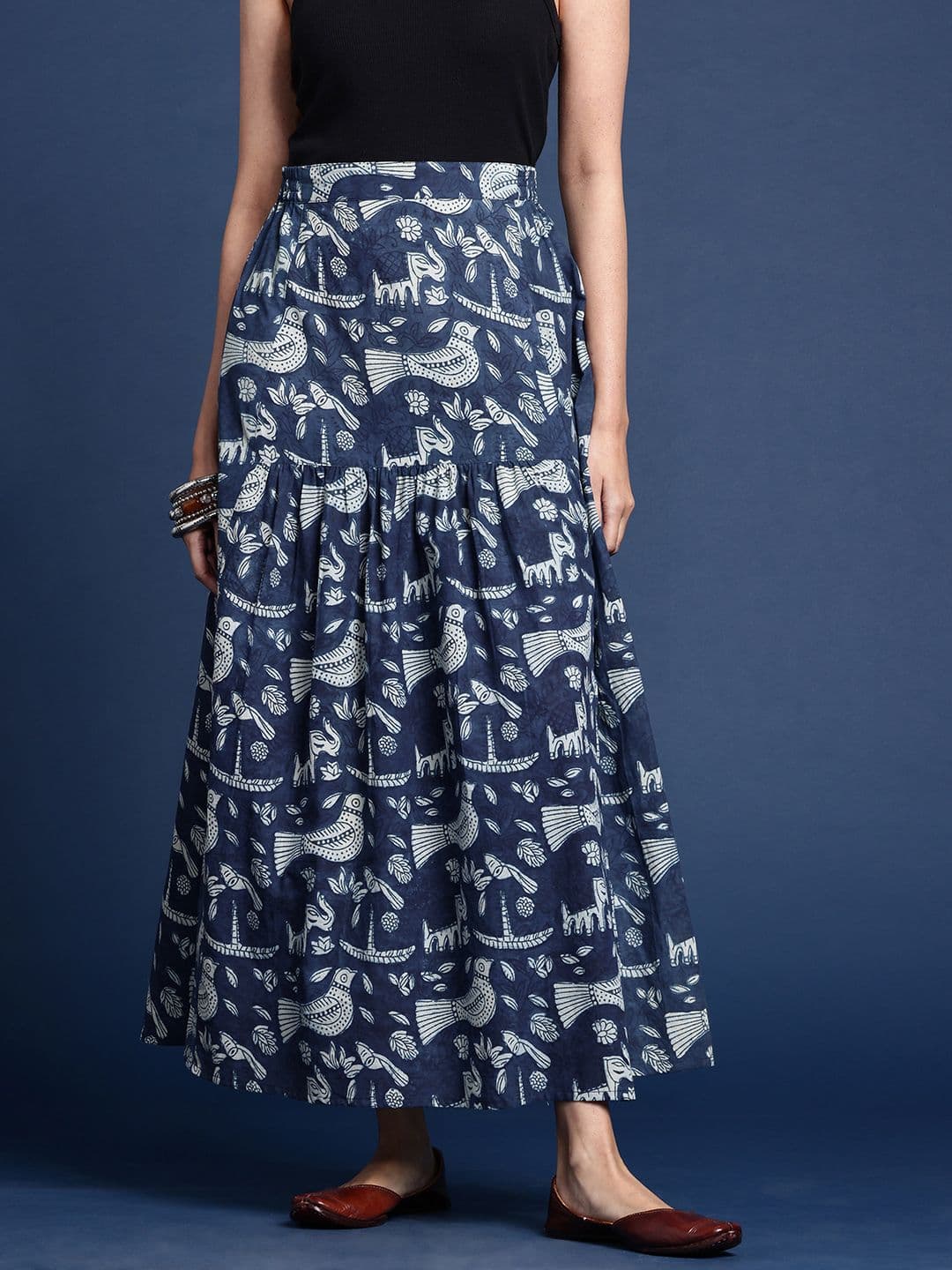 Taavi Women Ethnic Motifs Printed Pure Cotton Indigo Maxi Skirt - view 1