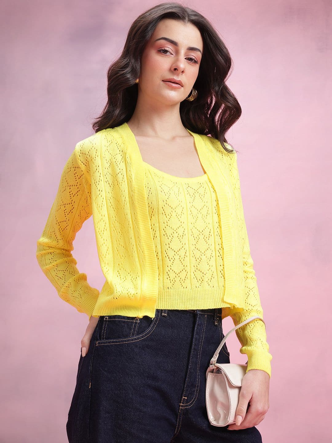 DressBerry Self Striped Open Knit Layered Crop Pullover - view 1