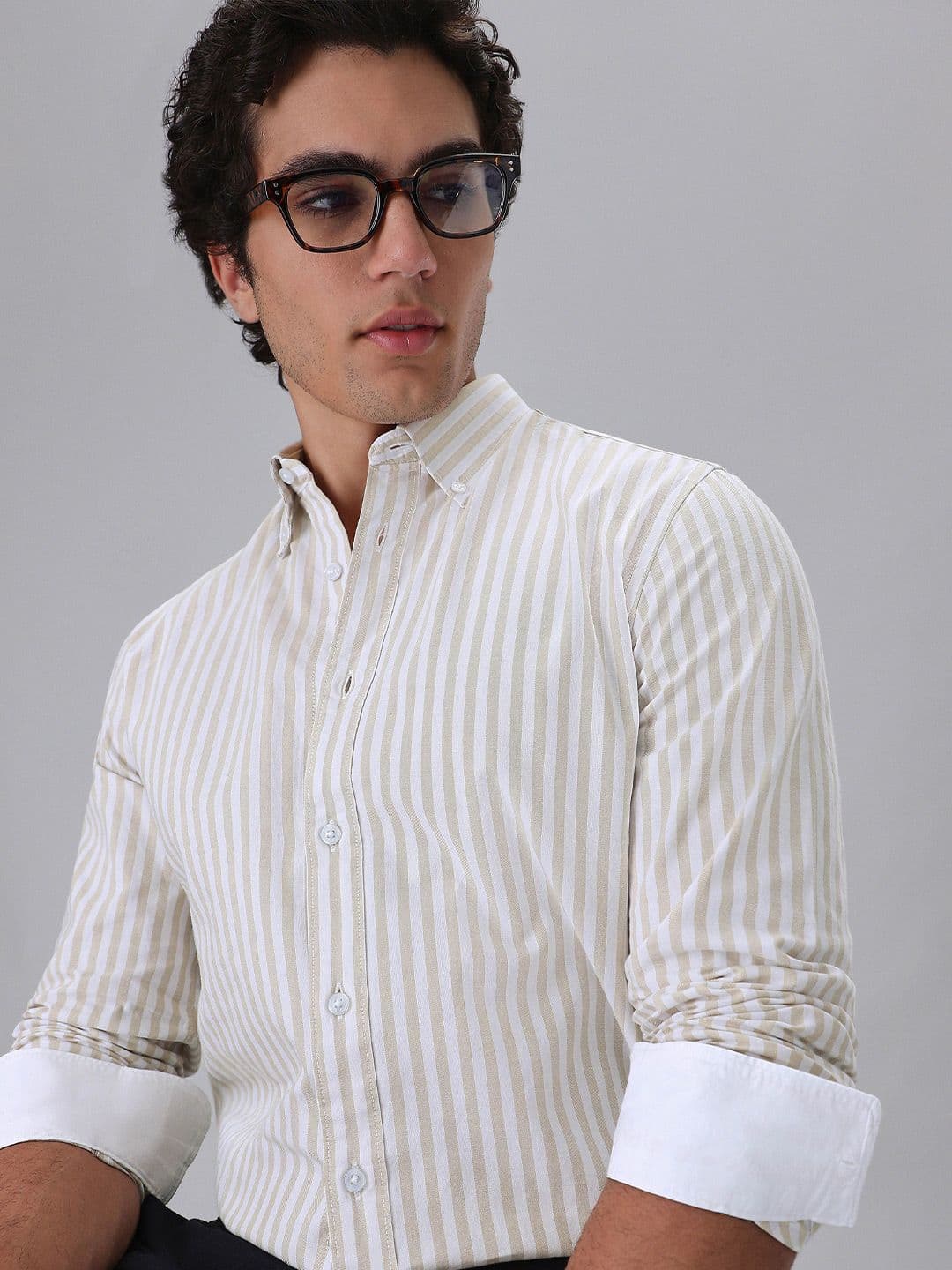 Banana Club Men Beige Cotton Oxford Stripe Shirt - view 1