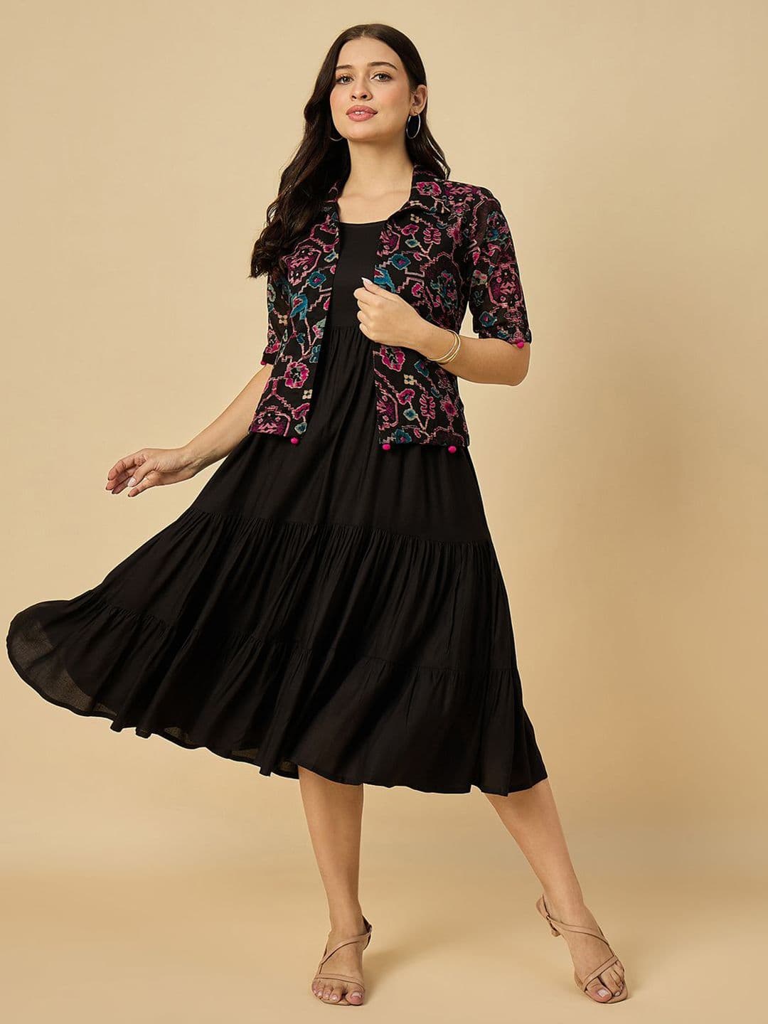 Azira Women Fit & Flare Midi Ethnic Dress With Jacket - view 1