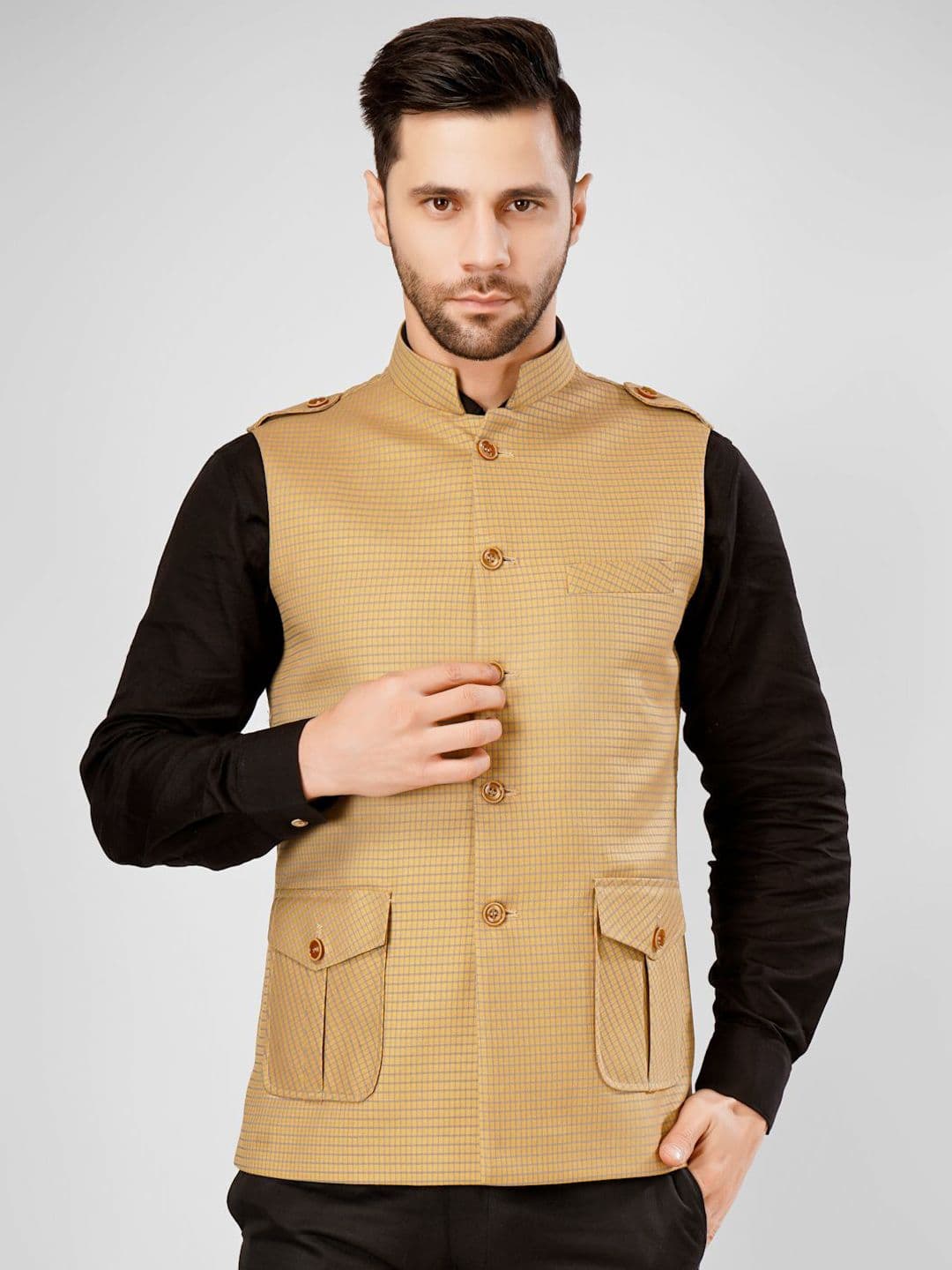 Wintage Checked Pure Cotton Nehru Jacket - view 1