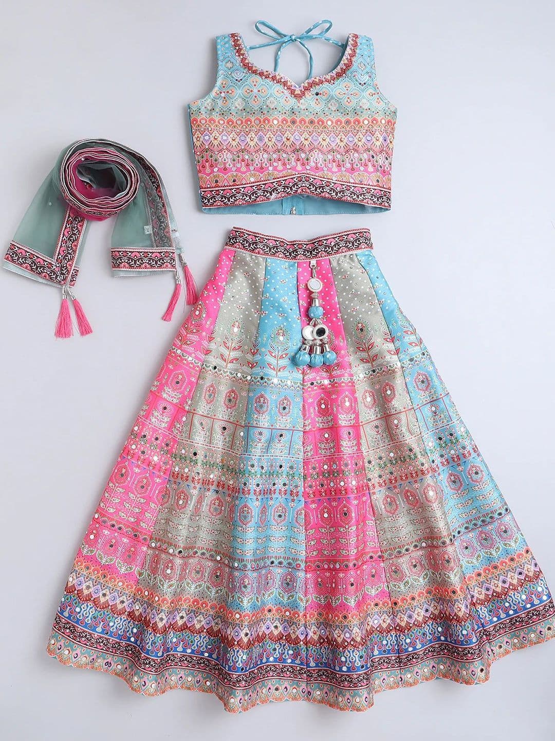 NKV Girls Printed Mirror Work Sweetheart Neck Ready to Wear Lehenga With Blouse & Dupatta - view 1