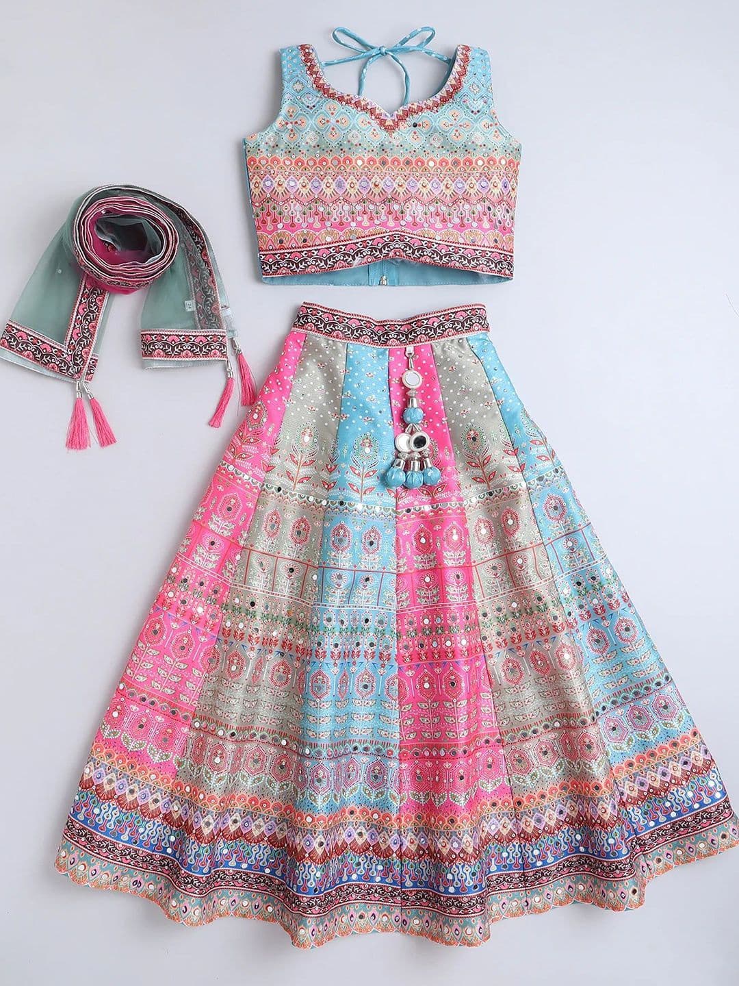 NKV Girls Printed Mirror Work Sweetheart Neck Art Silk Lehenga With Blouse And Dupatta - view 1