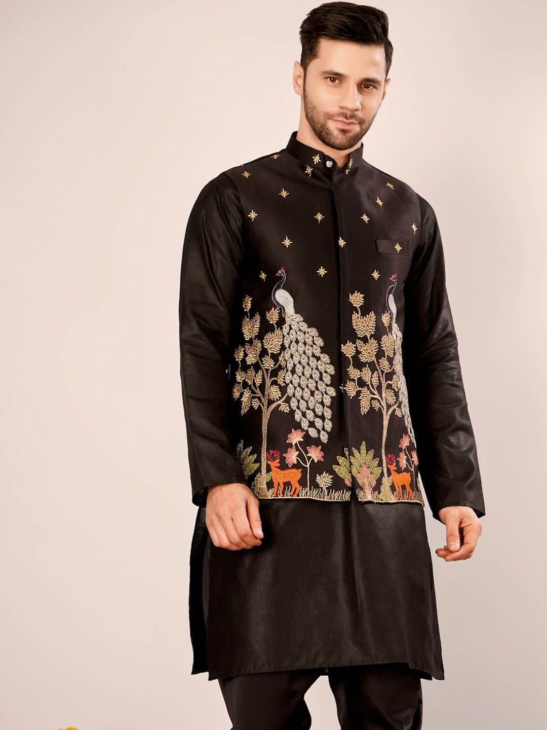 Wintage Embroidered Banarasi Cotton Black Nehru Jacket - view 1