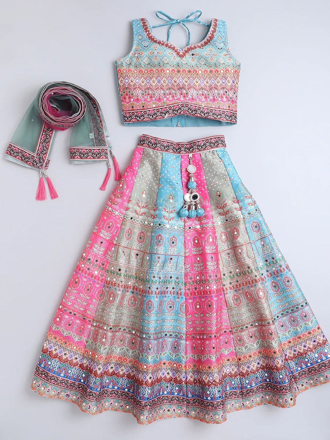 NKV Girls Printed Mirror Work Sweetheart Neck Art Silk Lehenga With Blouse And Dupatta - view 1