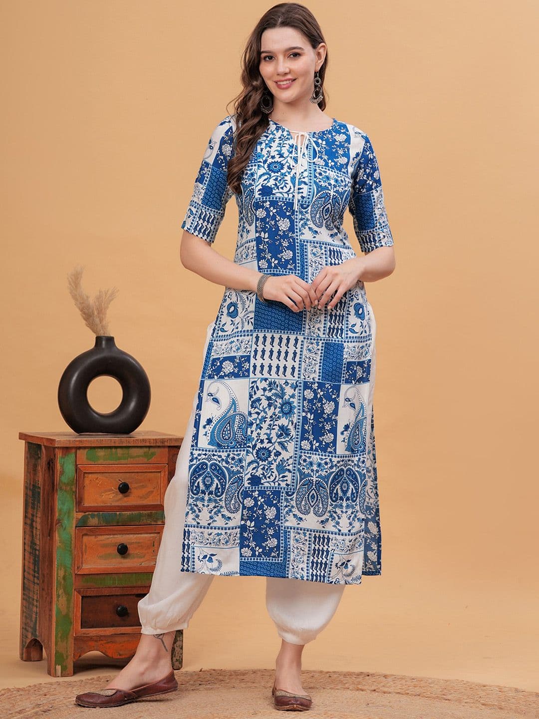 KALINI Ethnic Motifs Printed Tie-Up Neck Kurta - view 1