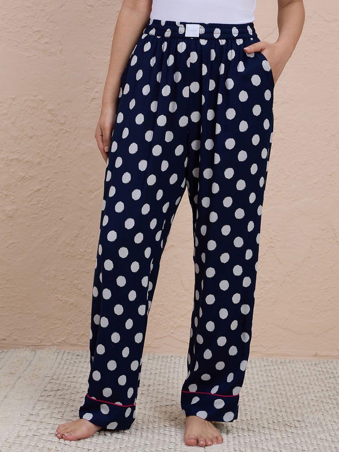 Nykd Polka Dot Printed Breezy Straight Lounge Pants With Elasticated Waist & Pockets - view 1