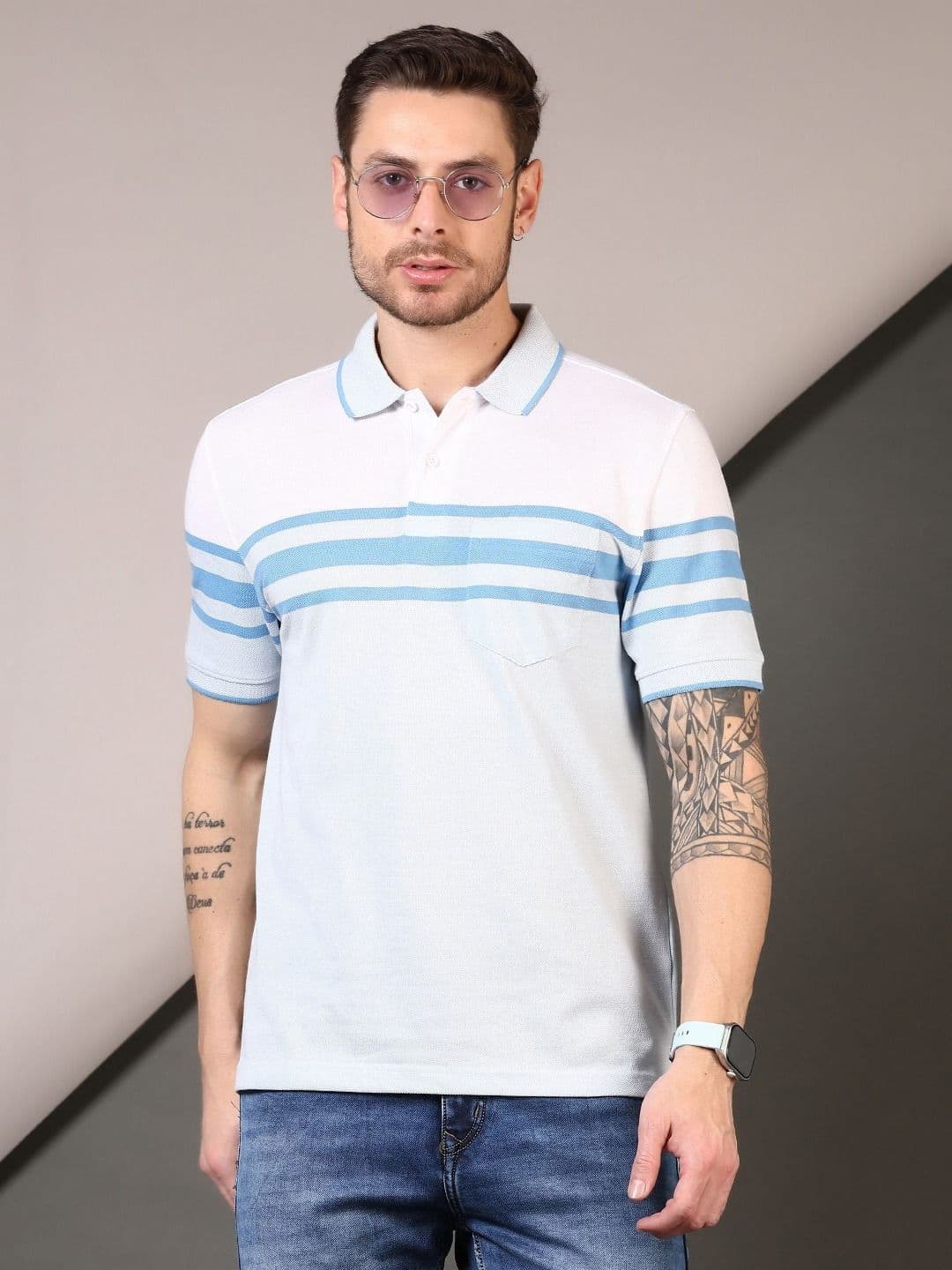 V-Mart Men Striped Polo Collar Cotton T-shirt - view 1