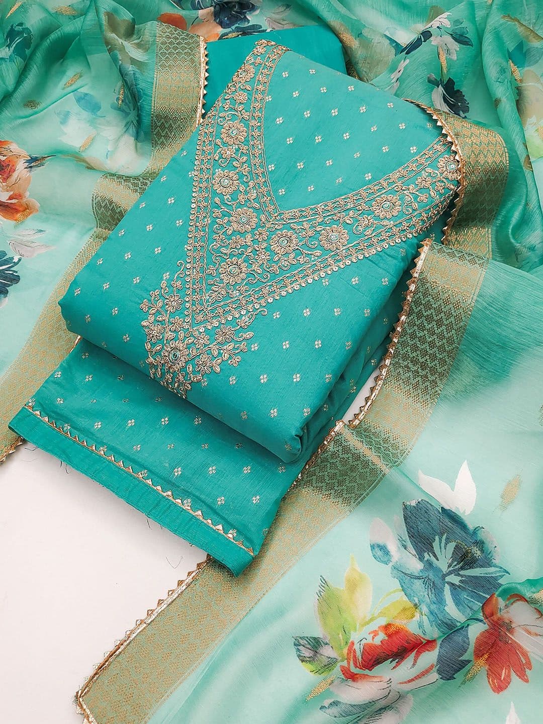 TAVAS Ethnic Motifs Embroidered Chanderi Silk Unstitched Dress Material - view 1