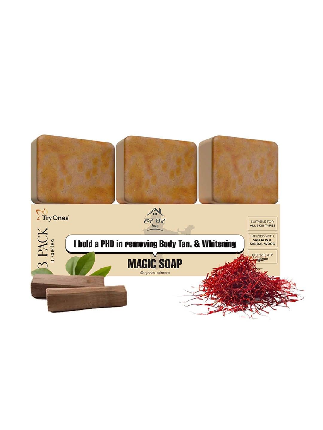 TRYONES Magic Soap Set Of 3 Sandalwood & Saffron Removes Tan Soap - 100 g Each - view 1