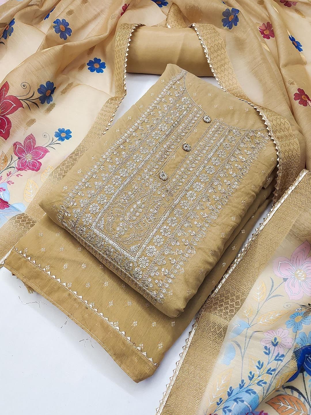 TAVAS Ethnic Motifs Embroidered Chanderi Silk Unstitched Dress Material - view 1