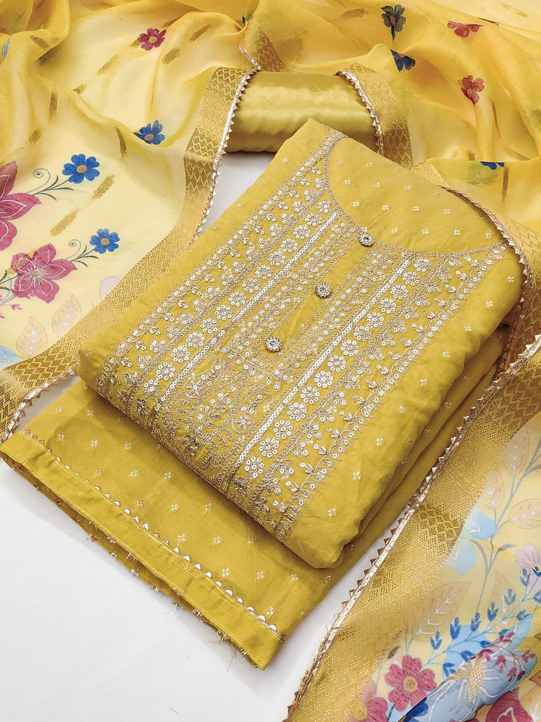 TAVAS Ethnic Motifs Embroidered Chanderi Silk Unstitched Dress Material - view 1