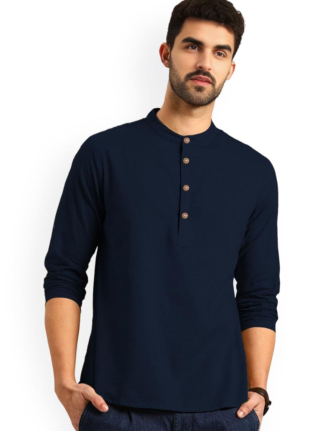 Vida Loca Band Collar Cotton Slim Fit Straight Short Kurta - view 1