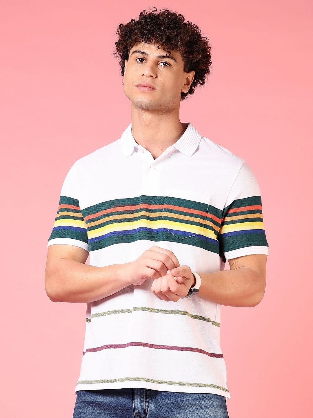 V-Mart Men Striped Polo Collar Cotton T-shirt - view 1