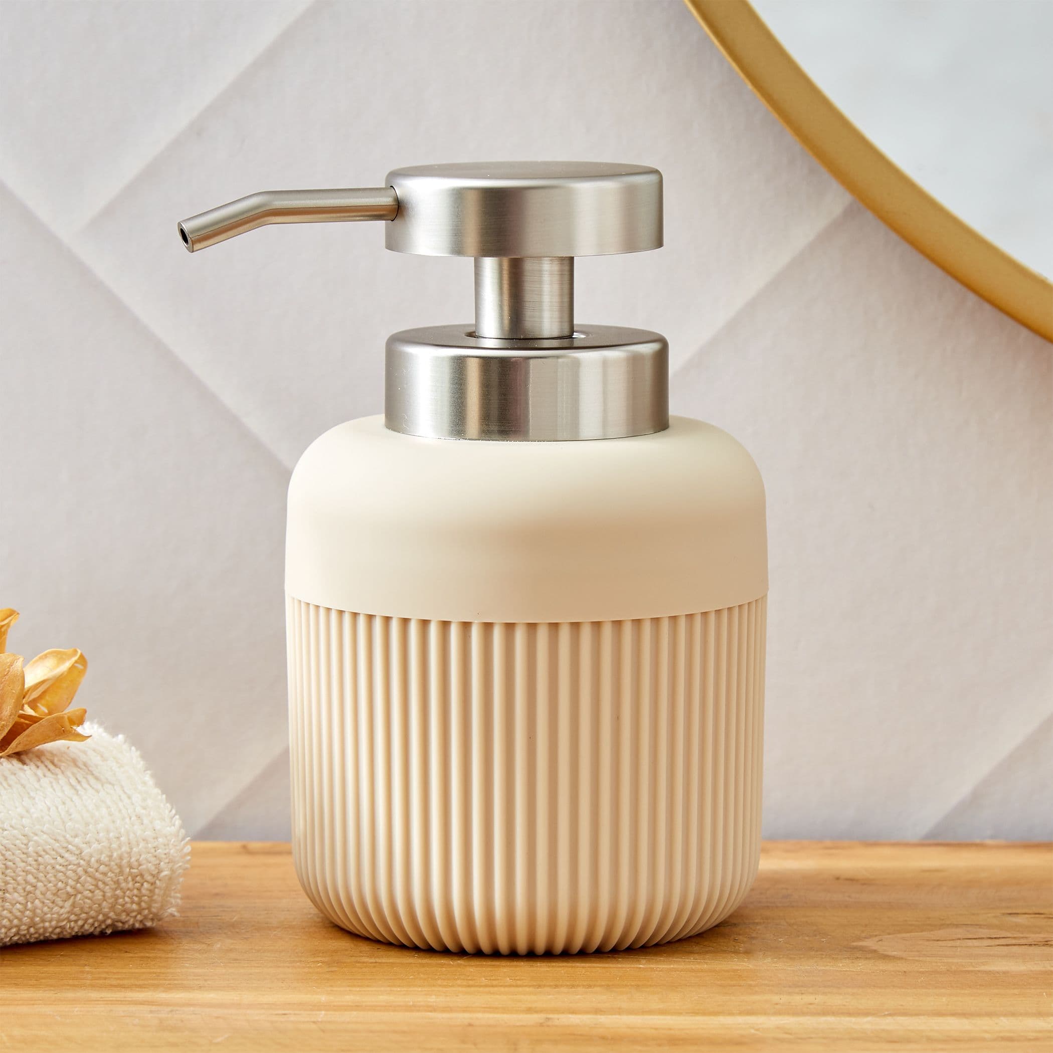 Home Centre Beige Striped Matte Plastic Soap Dispenser-450ml - view 1