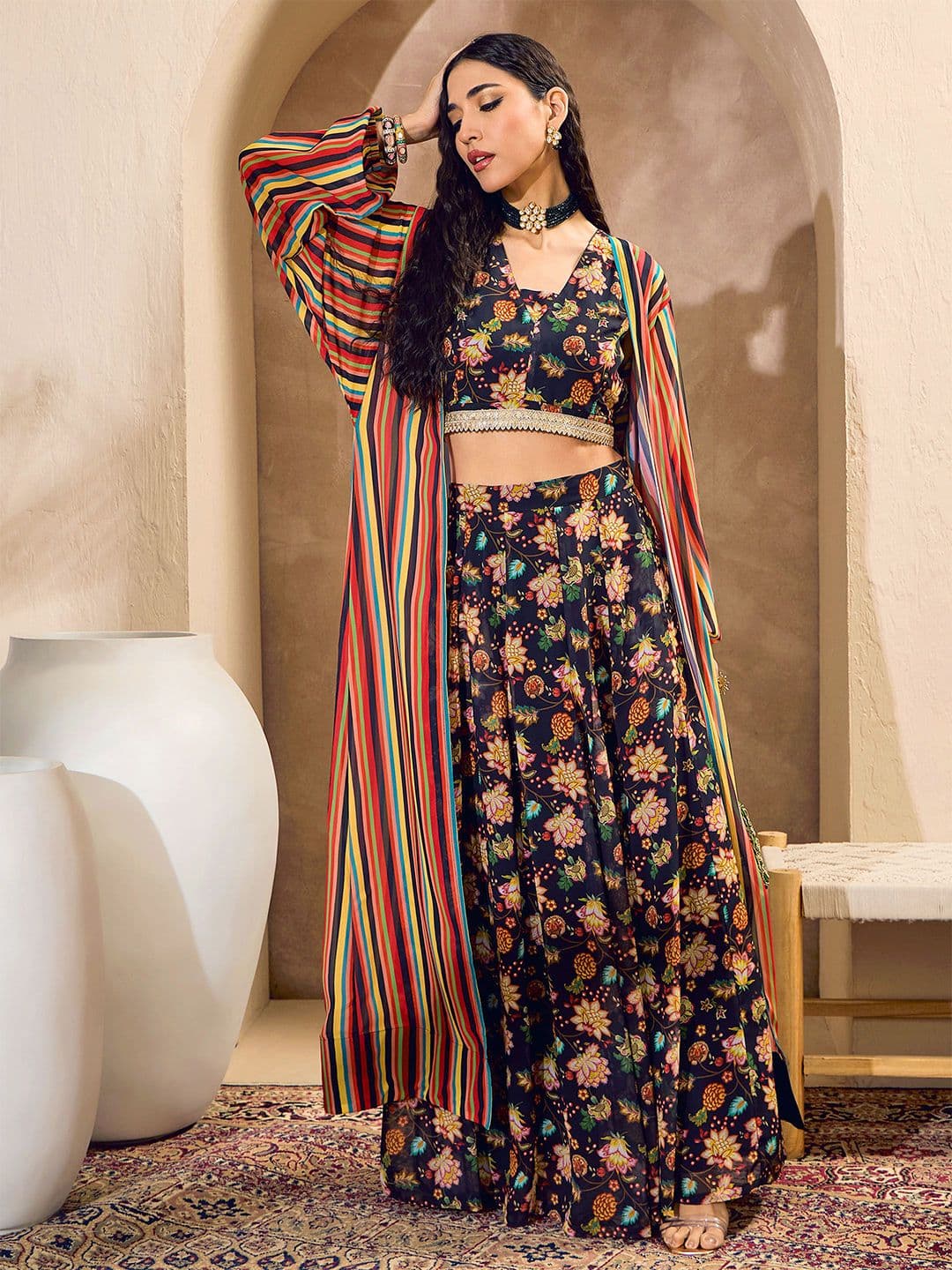 Shae by SASSAFRAS Floral Printed Sequinned V-Neck Ready to Wear Lehenga Choli - view 1