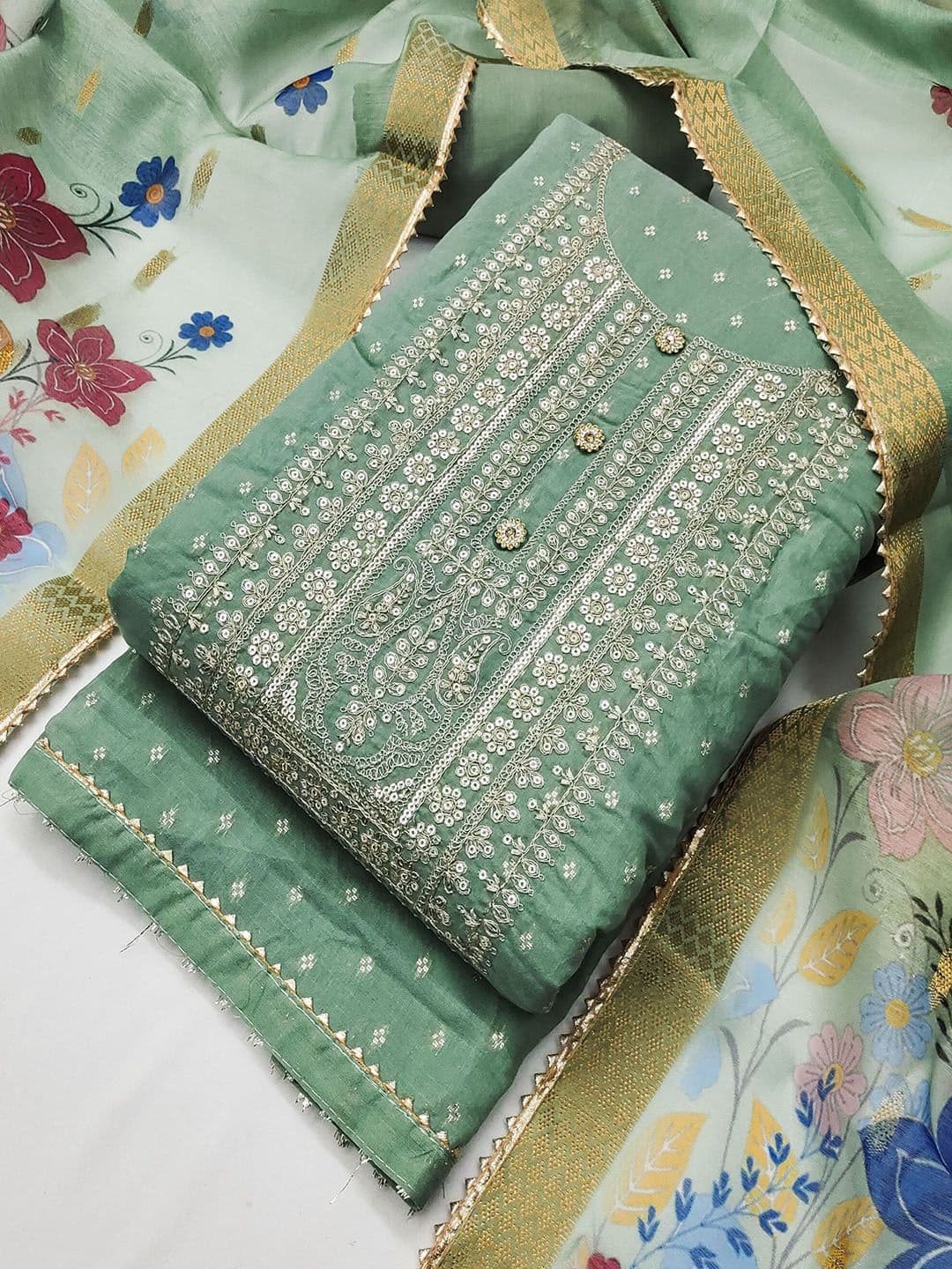 TAVAS Floral Embroidered Sequinned Chanderi Silk Unstitched Dress Material - view 1