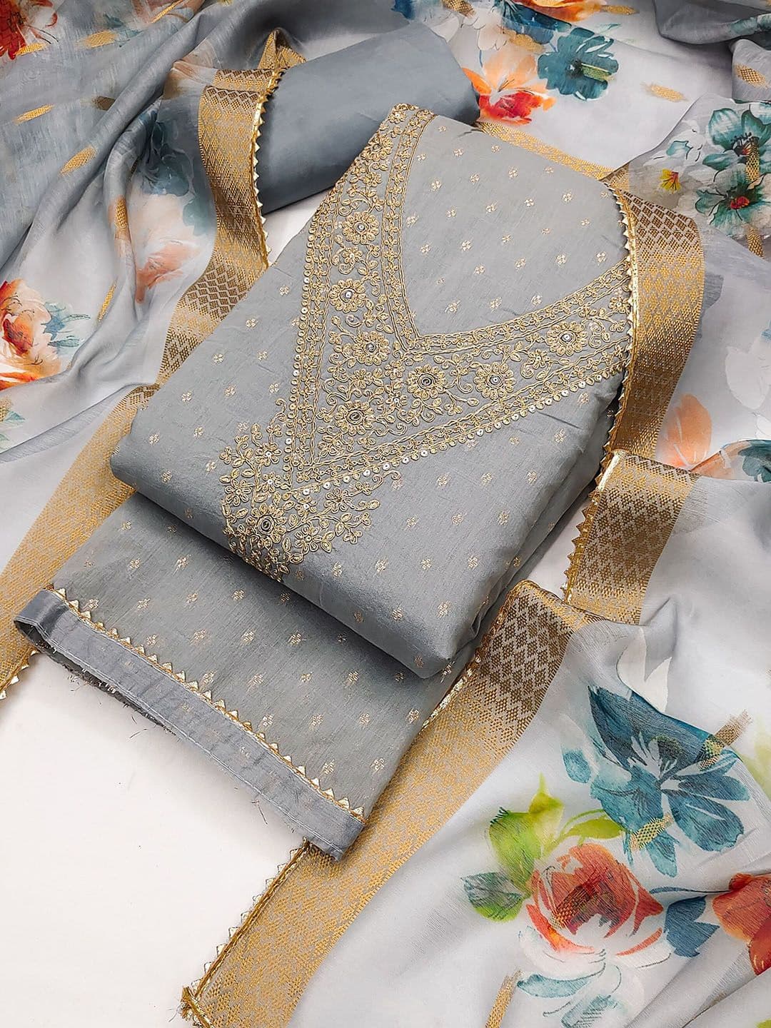 TAVAS Floral Embroidered Sequinned Chanderi Silk Unstitched Dress Material - view 1