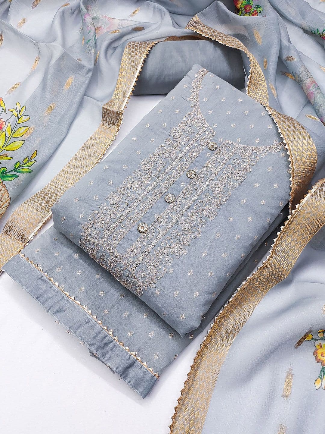 TAVAS Ethnic Motifs Embroidered Chanderi Silk Unstitched Dress Material - view 1