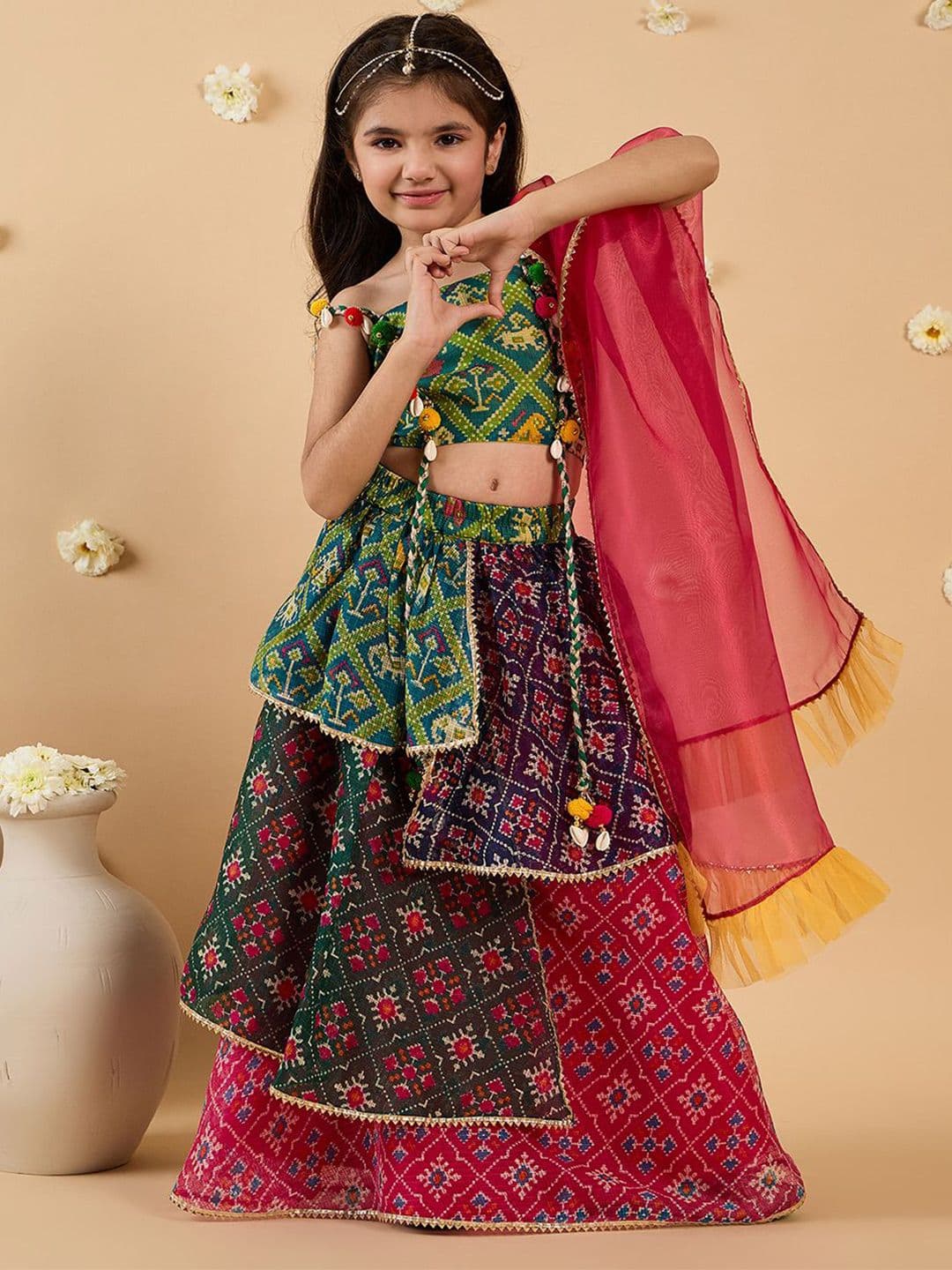 Pspeaches Girls Multi Kota Doria Lehenga Choli Dupatta Set - view 1