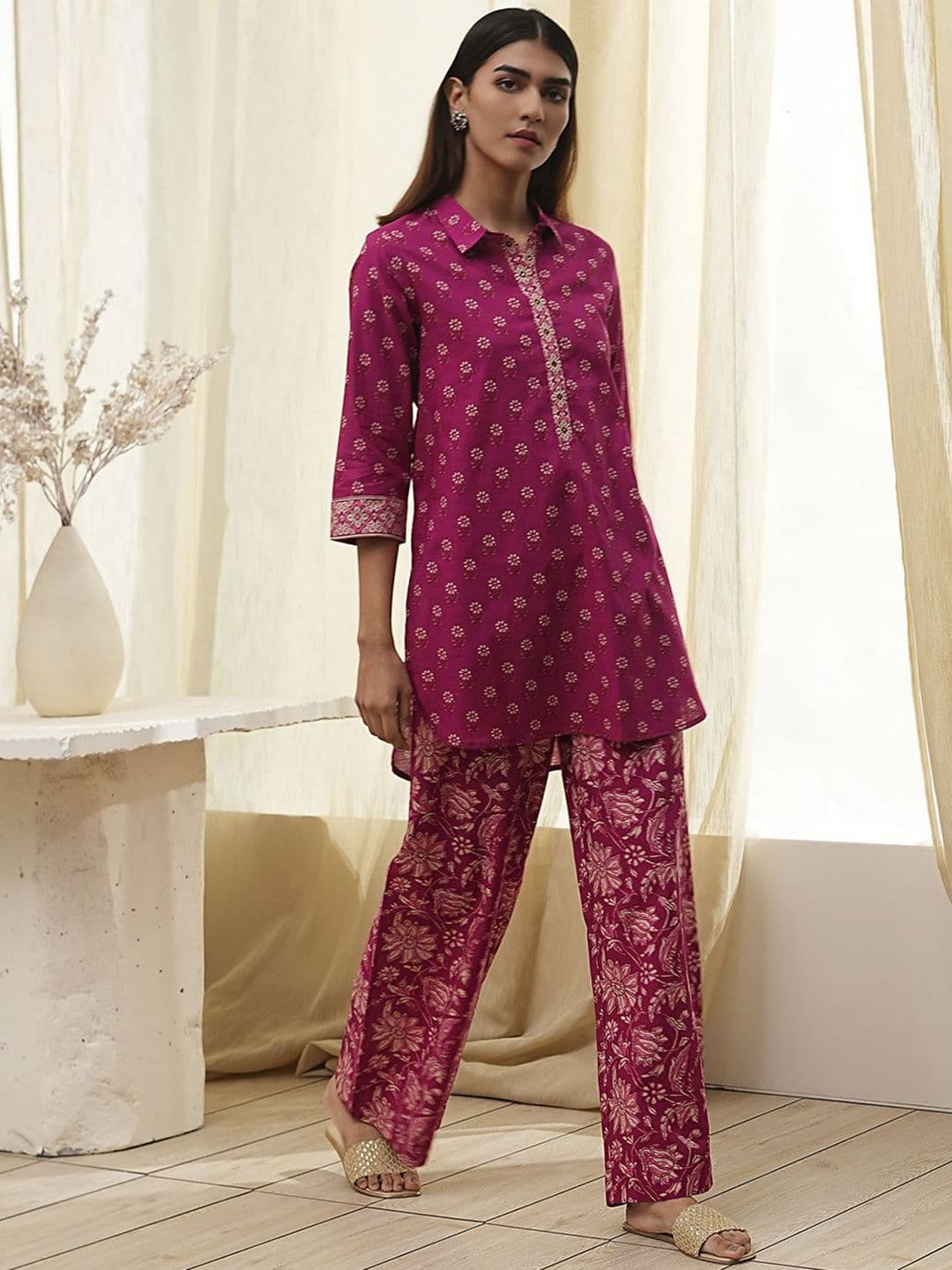 Biba Floral Printed Pure Cotton Top With Palazzos - view 1