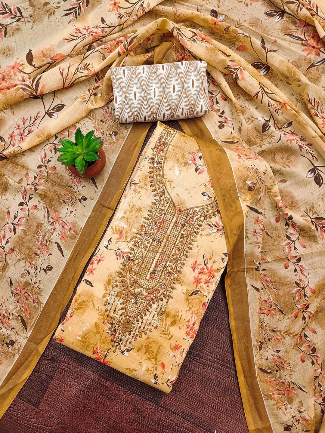 SAINOOR Floral Printed Sequinned Pure Cotton Unstitched Dress Material - view 1