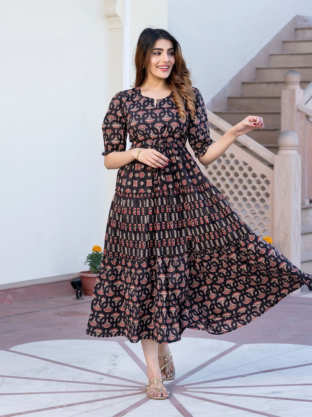 KALINI Ethnic Motifs Printed Cotton Fit & Flare Midi Dress - view 1