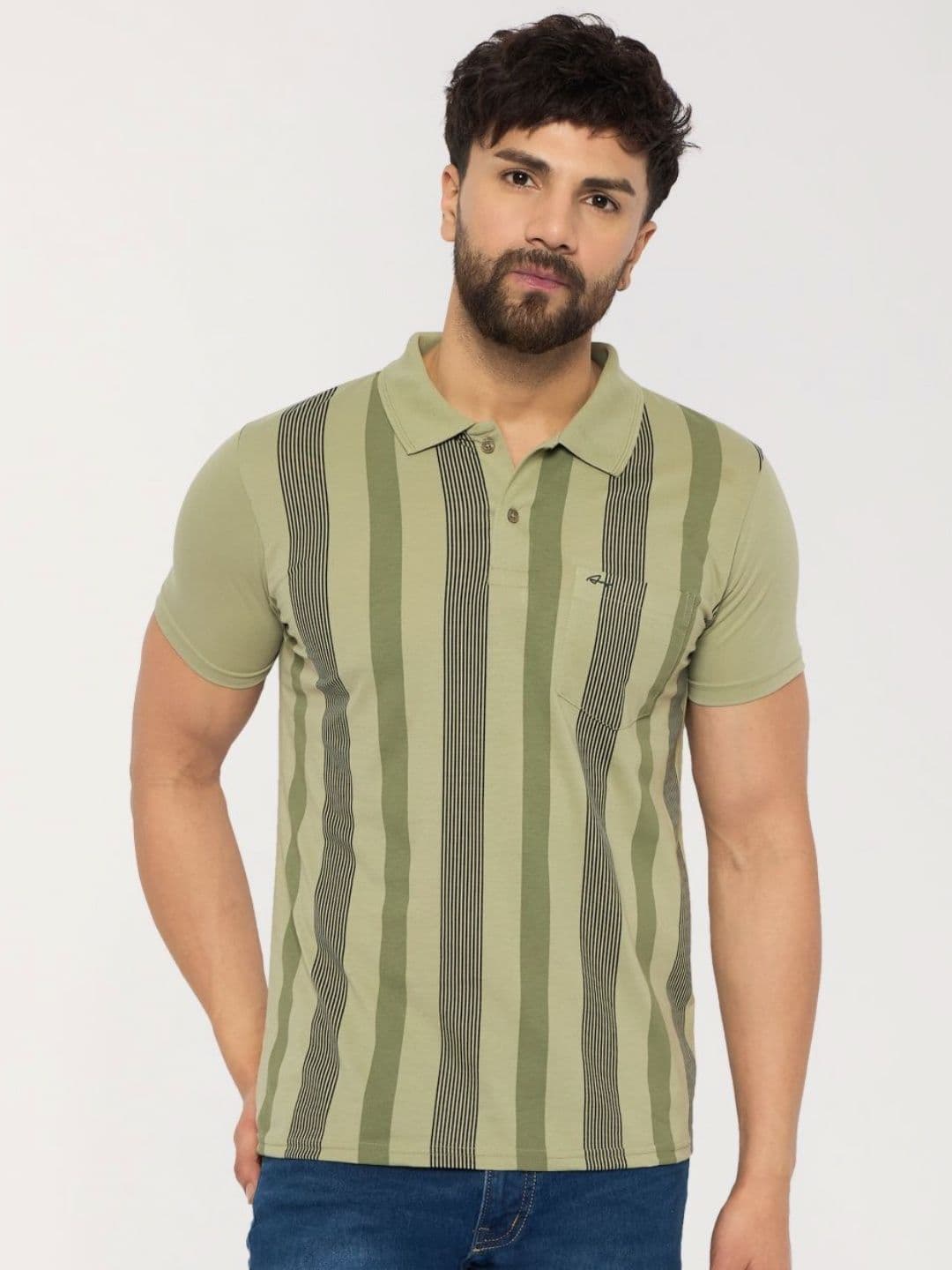 ARRAY Men Striped Polo Collar Cotton Slim Fit T-shirt - view 1
