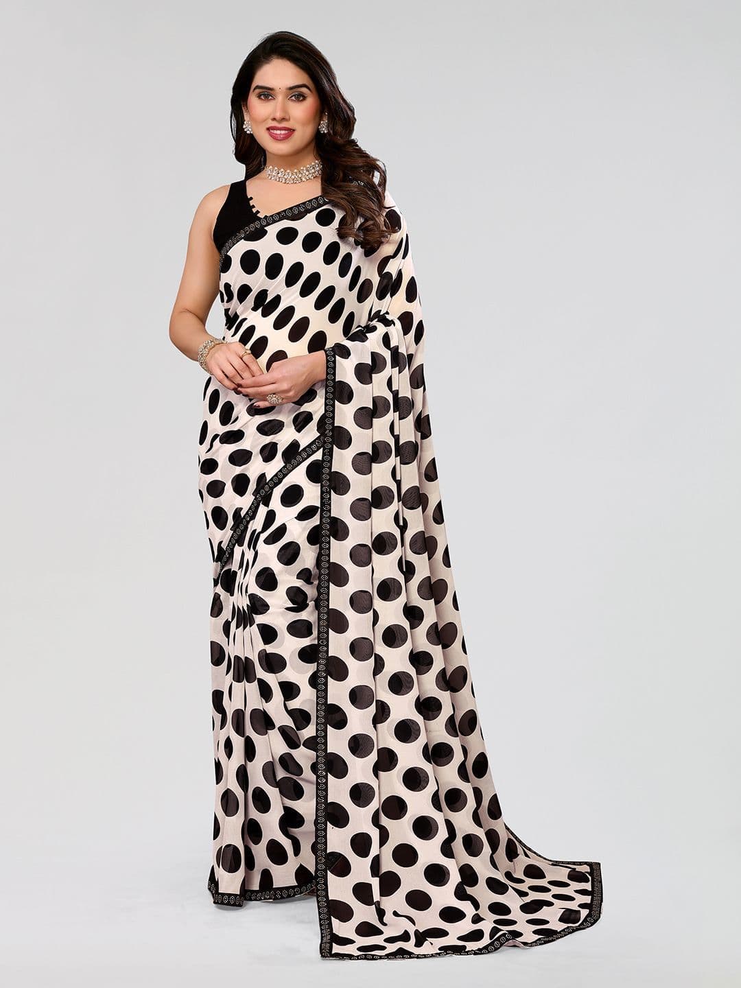 Moda Rapido Polka Dot Printed Lace Border Saree - view 1